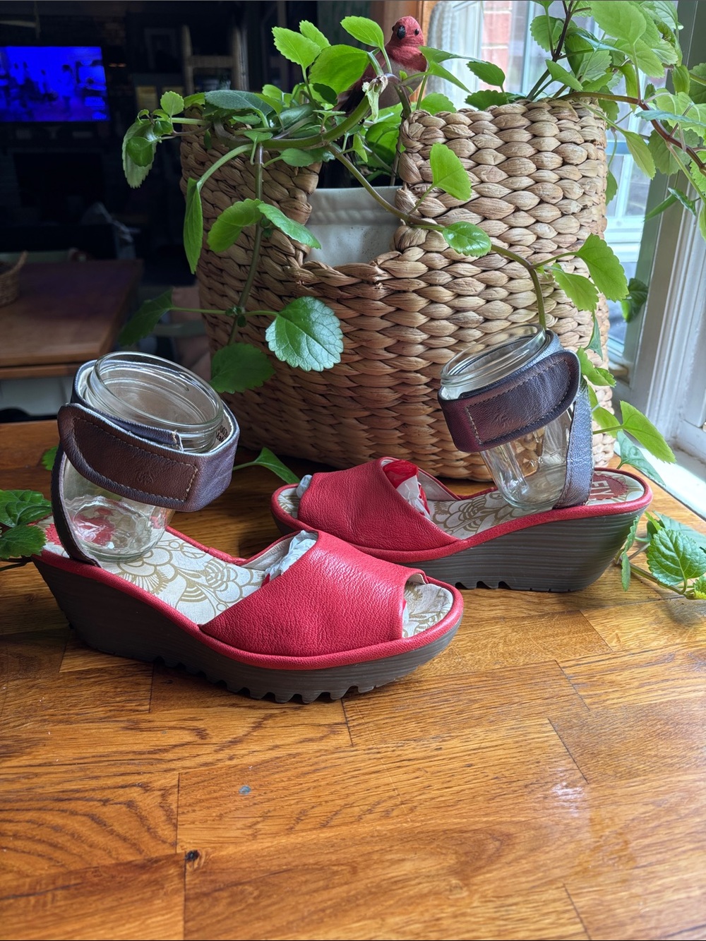Fly London Yula Red Leather Wedge Sandals with Pewter Metallic Ankle Straps
